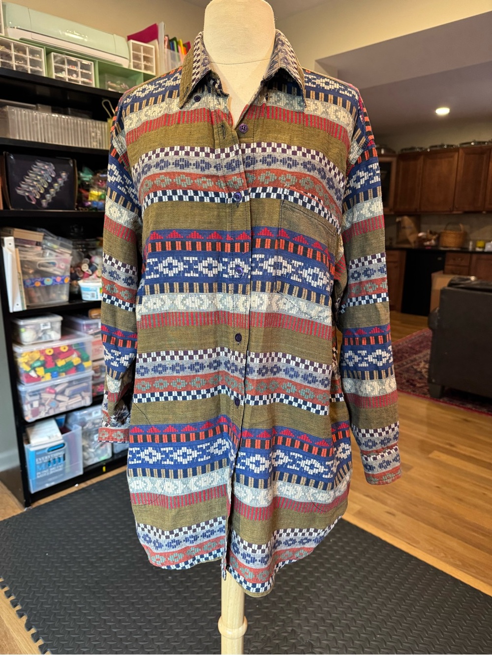 VTG Angelique NYC Southwestern Geometric Button-Up Shirt tunic sz S